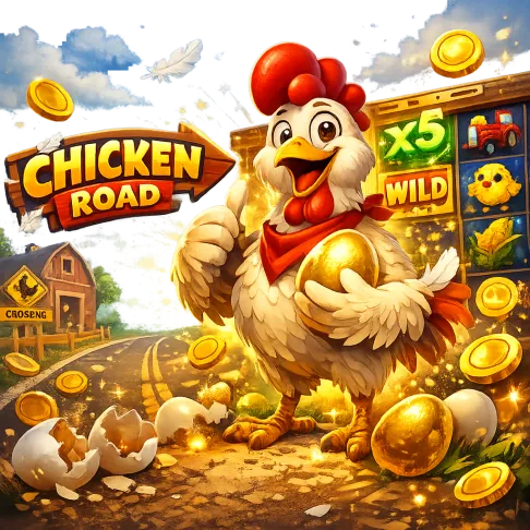 Bright promo image for Chicken Road slot game featuring playful chickens, road lanes, coins, and dynamic energy.