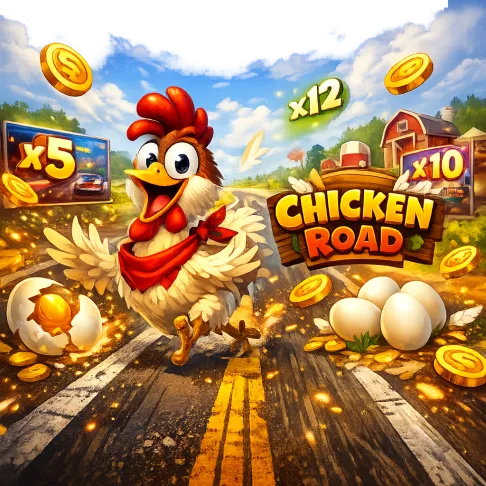 Promotional image featuring a funny chicken on a road with eggs and coins for the Chicken Road slot game